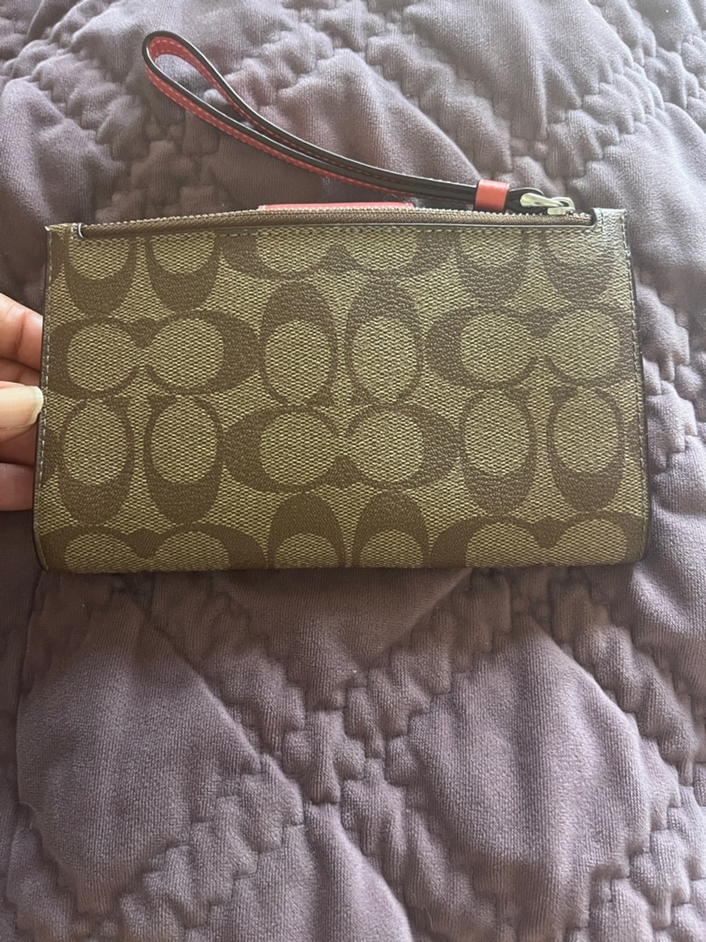 Coach Brown Signature Phone Wallet with Coral Snap and Strap - Picture 5 of 5